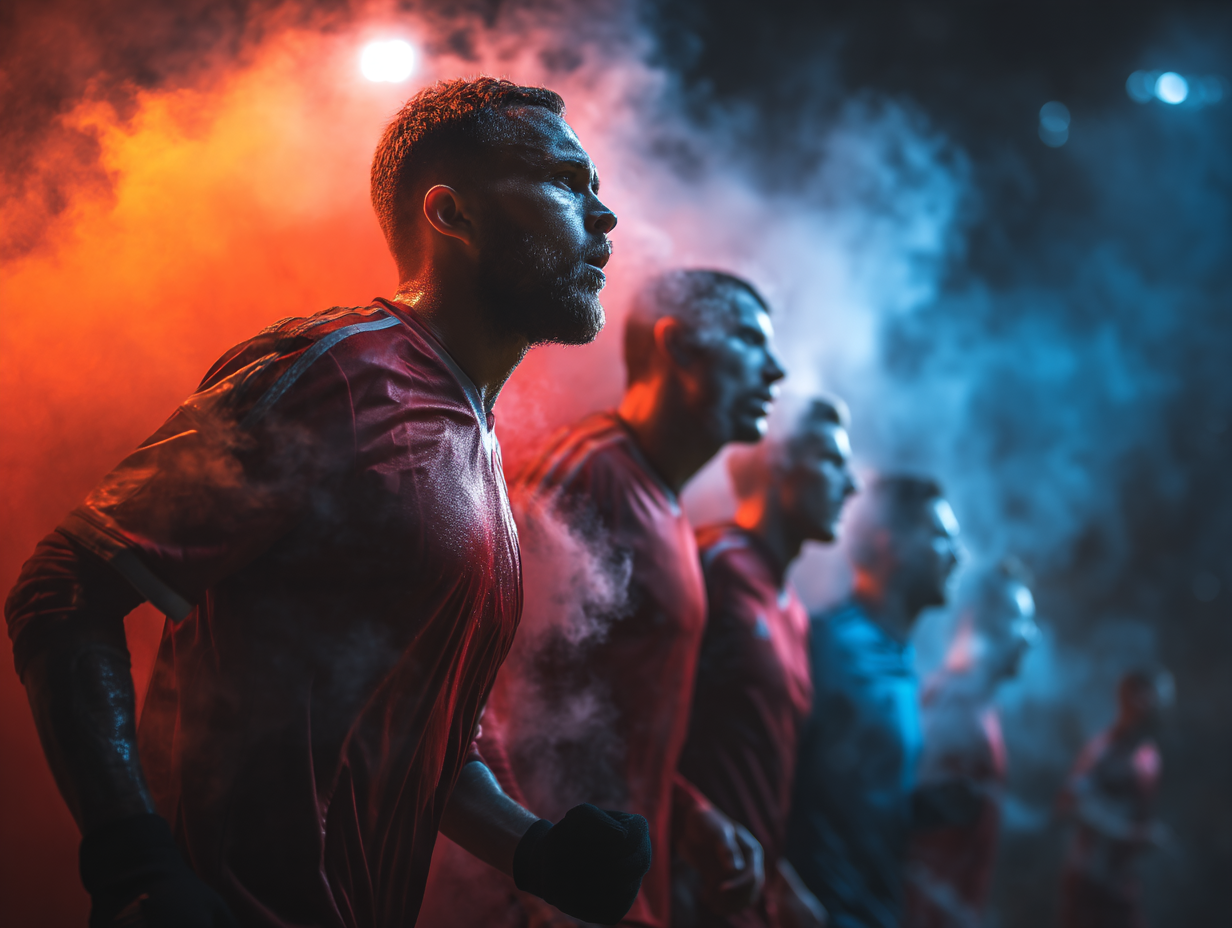 Pertandingan sepak bola antara dua tim dengan jersey merah dan biru yang memperlihatkan energi tinggi, emosi para pemain, dan suasana stadion yang memukau.